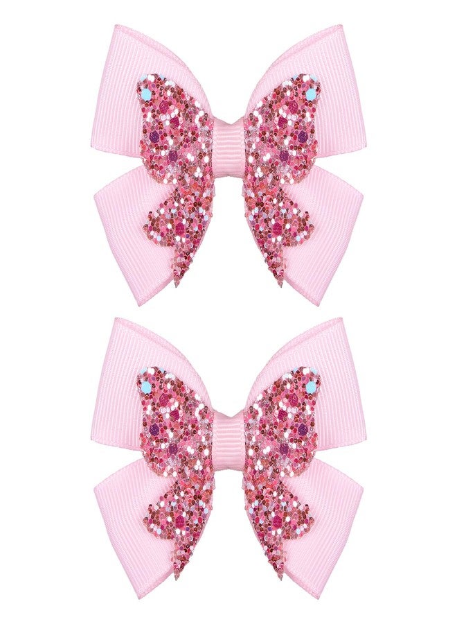 Miroksh 3" Glitter Light Pink Ribbon Pigtail Hair Bow Clips Set of 2 Sparkly Sequins Alligator Barrettes Hairpins for Toddler Teen Girls Kids Birthday, Wedding, Xmas Party, Back to School Gift - Image 1